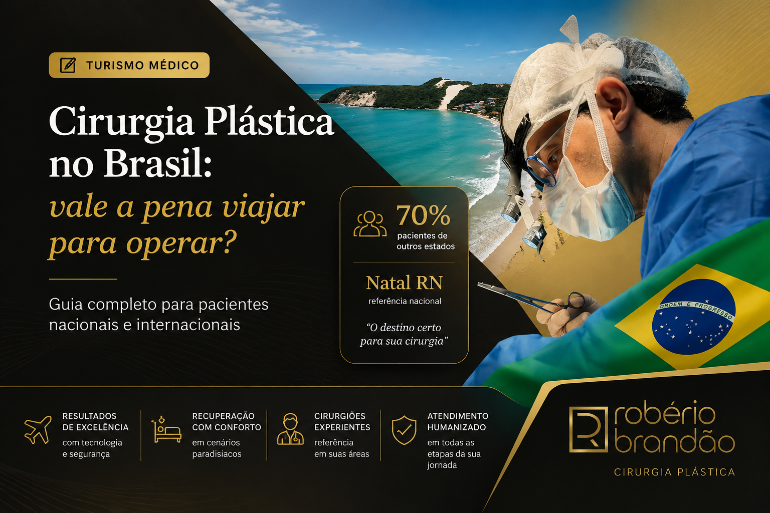 Imagem sobrew turismo médico no Brasil mostarndo cirurgião plástico (Dr Roberio Brandão) em centro cirúrgico com vista aérea da praia de Ponta Negra em Natal RN, destacando cirurgia plástica, pacientes de outros estados e países que vem operar pois atendimentyo especializado do Dr Roberio Brandão